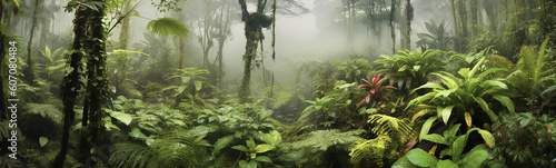 panorama of the rainforest tree tops in the fog. Generative AI