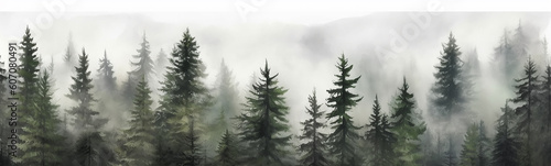 coniferous forest isolated on a white background panorama, tops of fir trees. Generative AI