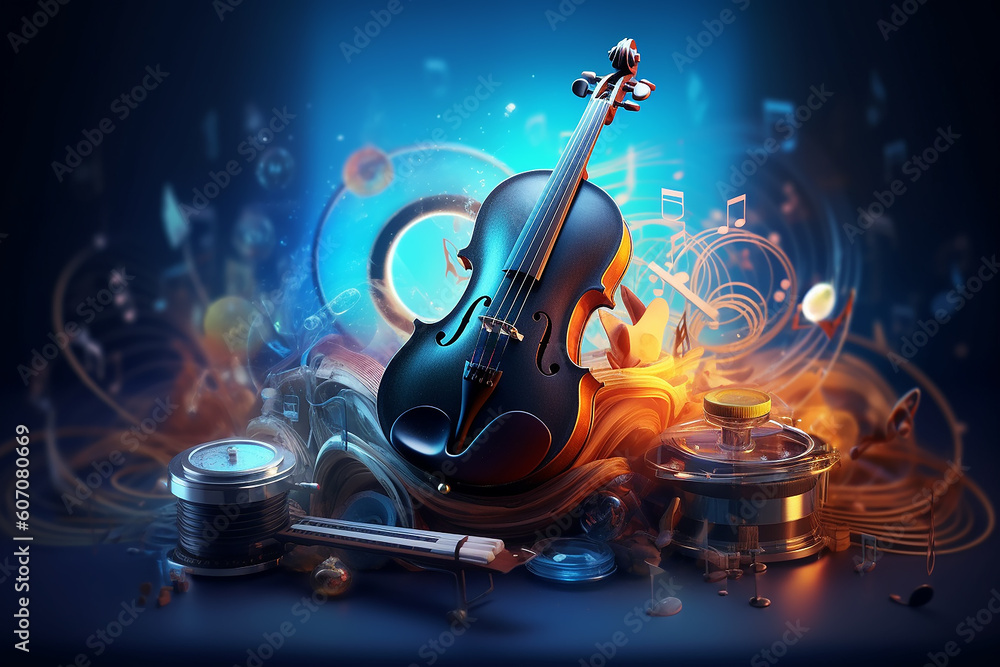 colorful neon background musical style theme abstract musical instruments 3d layout. Generative AI