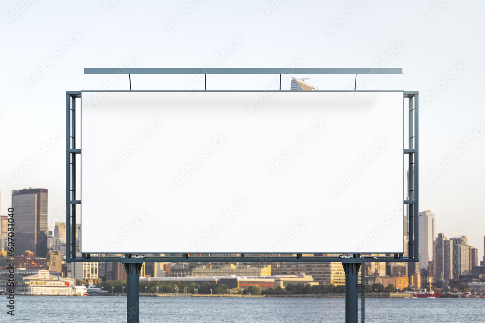 Blank white billboard on city buildings background at daytime, front view. Mockup, advertising concept Blank white billboard on city buildings background at daytime, front view. Mockup, advertising concept