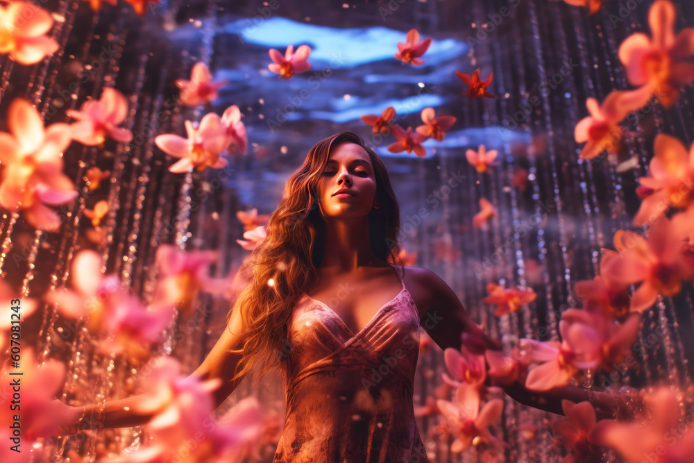 A woman is standing eyes-closed, surrounded by pink orchid flowers, in the style of dramatic lighting effects. Generative AI A woman is standing eyes-closed, surrounded by pink orchid flowers, in the style of dramatic lighting effects. Generative AI