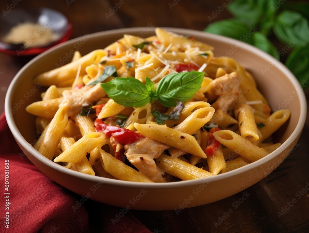 Penne pasta in tomato sauce with chicken in a bowl. Generative AI Penne pasta in tomato sauce with chicken in a bowl. Generative AI