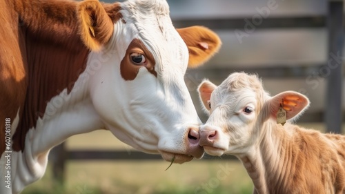 Cute cow and calf at farm Generative AI