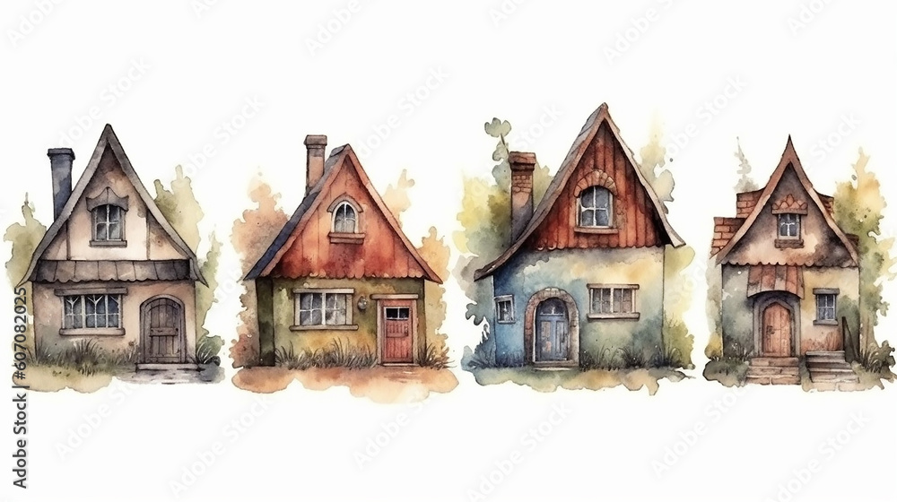 collection of a set of small European rustic fairy-tale houses painted in watercolor. Generative AI collection of a set of small European rustic fairy-tale houses painted in watercolor. Generative AI