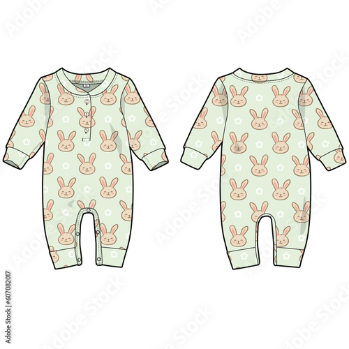 Pajama or bodysuit for newborn babies, cute bunny pattern, pastel colors, vector graphics for garment production apparel brand, sleepwear for kids - boys and girls with long sleeve