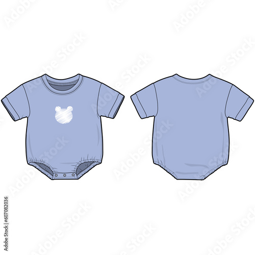 Bodysuit for newborn baby, front and back view flat sketch for a tech pack. Blue with short sleeve and bear print, for kids - boys and girls, vector graphics for garment production apparel brand