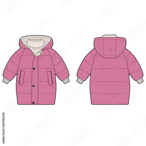 Winter puffer coat front view fashion flat sketch for Tech Pack. Jacket with hood and pockets on a zipper, CAD drawing, pink for girls, vector graphics for garment production apparel brand, for kids