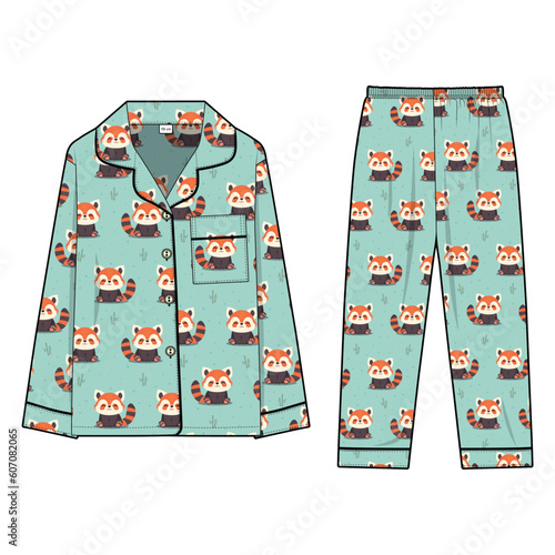 Pajama or bodysuit for children, cute red panda pattern, bright mint and orange colors, vector graphics for garment production apparel brand, sleepwear for kids - boys and girls with long sleeve. CAD  photo