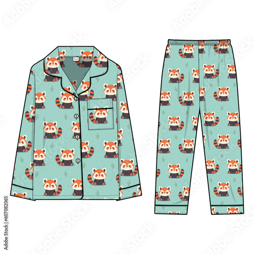 Pajama or bodysuit for children, cute red panda pattern, bright mint and orange colors, vector graphics for garment production apparel brand, sleepwear for kids - boys and girls with long sleeve. CAD 