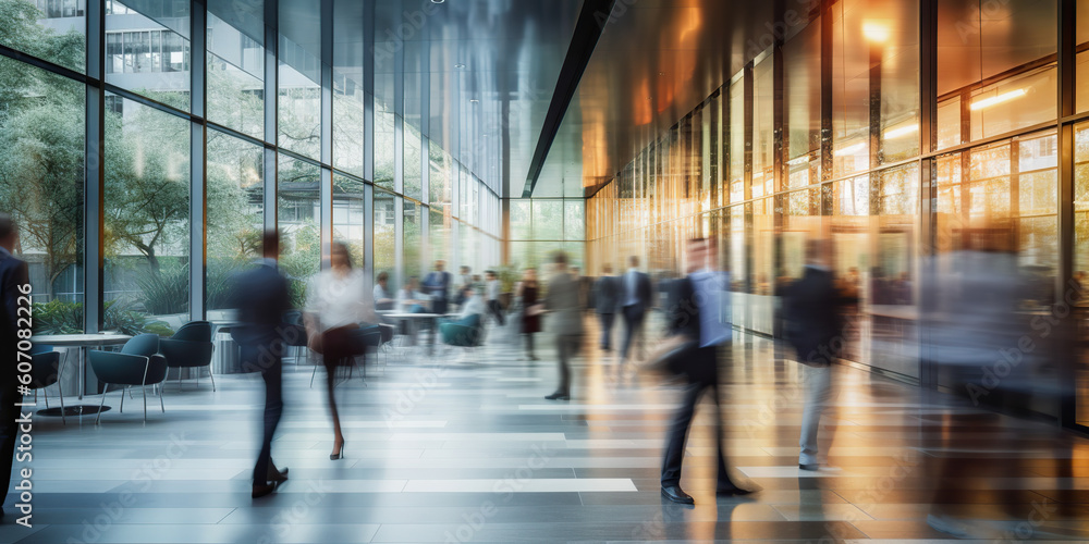 Long exposure banner of modern office lobby with business people. Generative AI