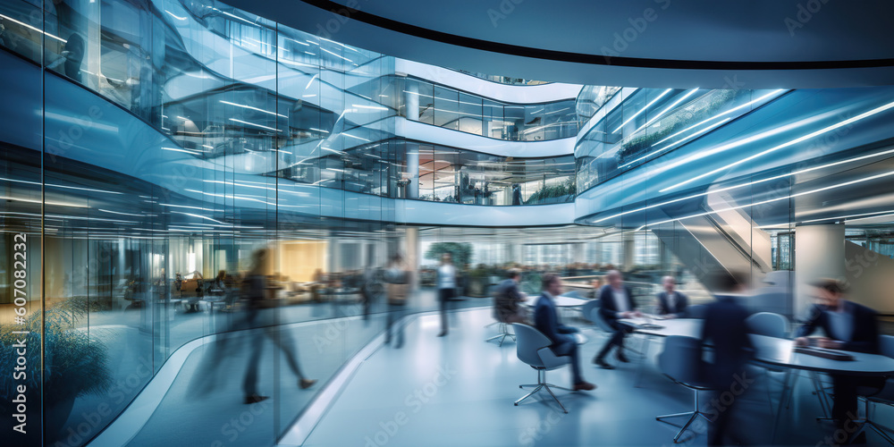 Long exposure banner of modern office lobby with business people. Generative AI - obrazy, fototapety, plakaty 