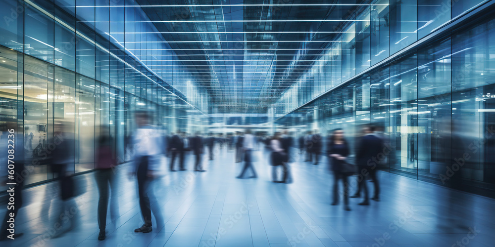 Long exposure banner of modern office lobby with business people. Generative AI Long exposure banner of modern office lobby with business people. Generative AI
