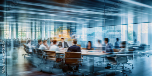 Long exposure banner of modern office lobby with business people. Generative AI