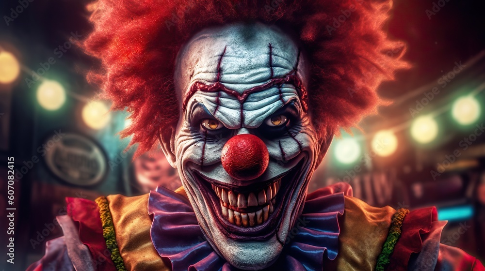 Evil clown face. Portrait of scary spooky clown monster from horror movie with vintage circus on background. Generative AI Evil clown face. Portrait of scary spooky clown monster from horror movie with vintage circus on background. Generative AI