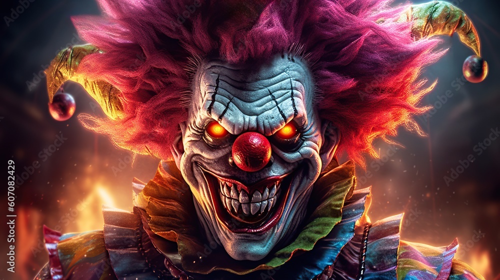 Obraz premium Evil clown face. Portrait of scary spooky clown monster from horror movie with vintage circus on background. Generative AI