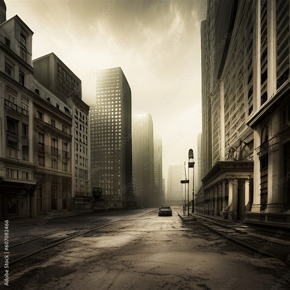 Naklejka premium Abandoned city with Eerie Lights and Suspenseful Atmosphere, created with generative AI technology