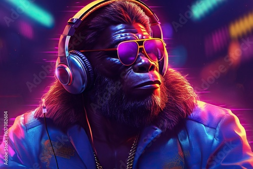 Neon portrait of gorilla rapper, gangsta monkey character. Generative AI photo