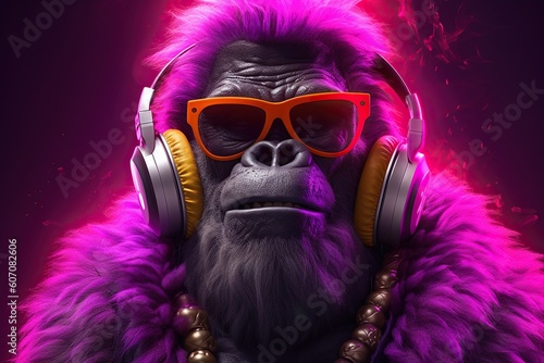 Neon portrait of gorilla rapper, gangsta monkey character. Generative AI © iridescentstreet