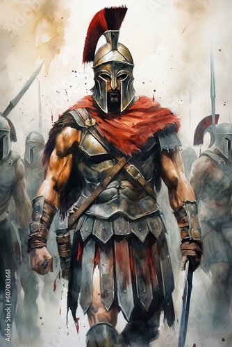 Spartan army in  watercolour  style. Ai generative