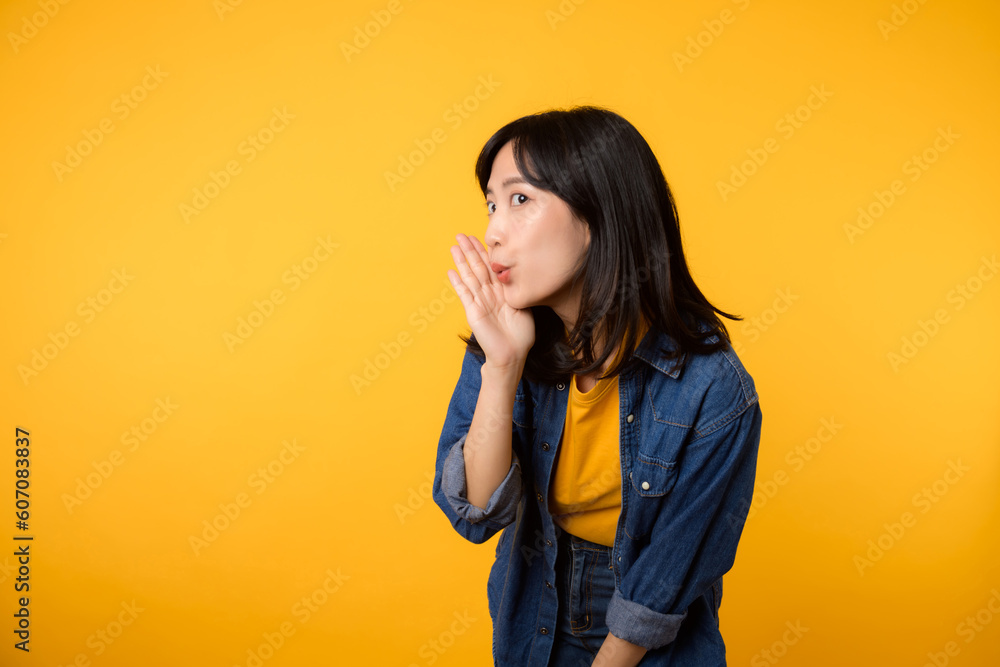 Young asian woman wearing yellow t-shirt denim shirt with open mouths raising hands screaming announcement isolated on yellow background. Lifestyle portrait concept. Young asian woman wearing yellow t-shirt denim shirt with open mouths raising hands screaming announcement isolated on yellow background. Lifestyle portrait concept.