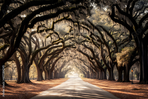 Oak trees surround the driveway at the famed Wormsloe Plantation in Savannah, Georgia, USA photo