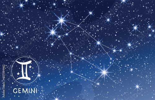 Gemini constellation in blue night sky, zodiac sign, air element, astrology banner for horoscope, modern astronomy map, boho mystical vector illustration.