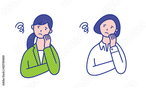 モヤモヤする20代〜40代女性の上半身イラスト素材【セット】