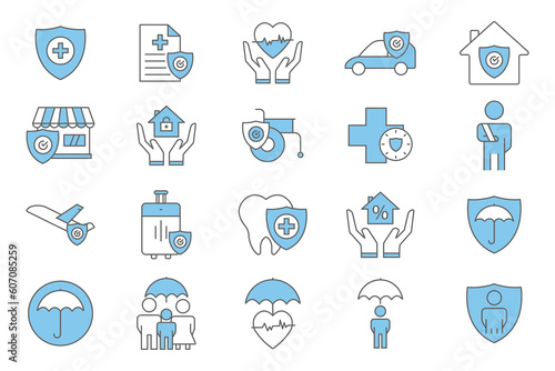 Insurance and assurance icon set. health insurance, travel, renters, life insurance. Two tone icon style design. Simple vector design editable