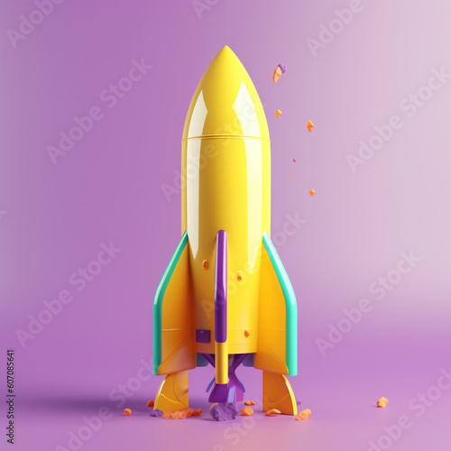 Urzekająca rakieta 3D: Izolowana żółta rakieta z żywymi akcentami, start projektu - Captivating 3D rocket: Isolated yellow rocket with vibrant accents, design launch - AI Generated photo