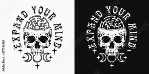 Vintage label with human skull like cup, labyrinth, stars, tripple goddes sign, text. Concept of sacred spirit, magic, expanded mind, psychic abilities. Mystical surreal illustration