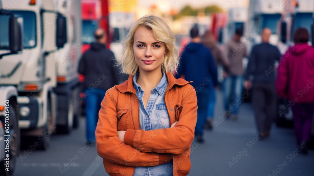 young adult woman is truck driver mini job work and profession, logistics and transport in road traffic, transport young adult woman is truck driver mini job work and profession, logistics and transport in road traffic, transport