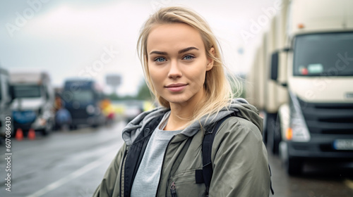 young adult woman is truck driver mini job work and profession, logistics and transport in road traffic, transport