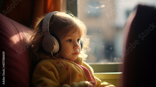 kid girl at home with headphones on the sofa in the living room near the window with sunlight at day