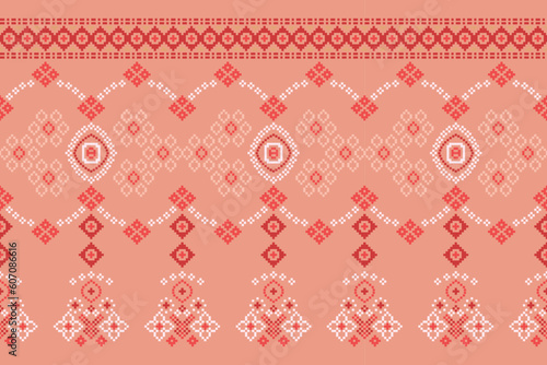 Ethnic geometric fabric pattern Cross Stitch.Ikat embroidery Ethnic oriental Pixel pattern rose pink gold background. Abstract,vector,illustration. Texture,clothing,scarf,decoration,silk wallpaper.