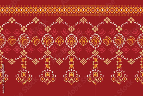 Ethnic geometric fabric pattern Cross Stitch.Ikat embroidery Ethnic oriental Pixel pattern red background. Abstract,vector,illustration. Texture,clothing,scarf,decoration,silk wallpaper.