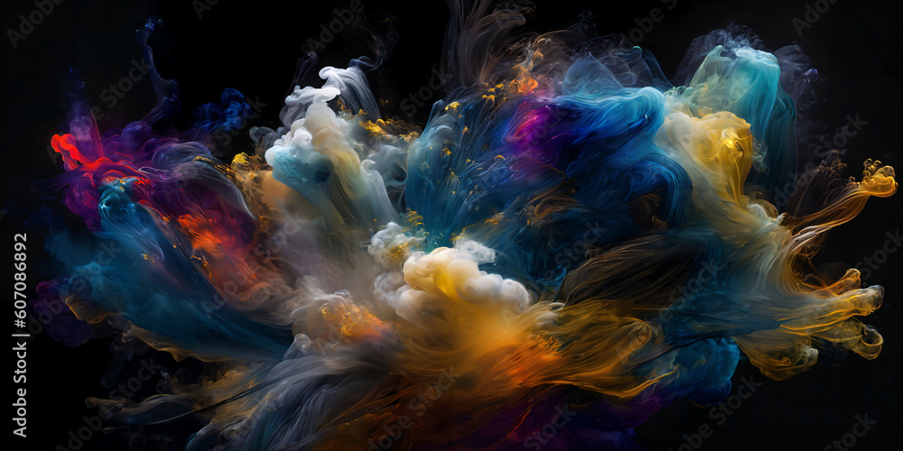Colorful underwater color explosion background with beautiful lighting effect. Smoke effects. Volumetric fog. Liquid underwater paint. Generative AI