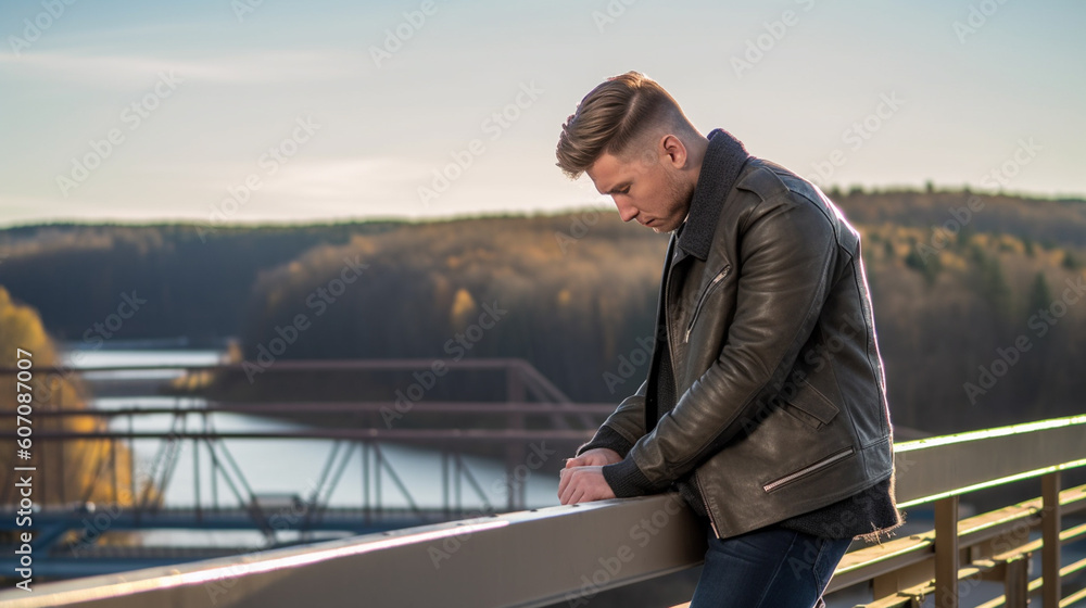 severely depressed unhappy lonely young man at a bridge severely depressed unhappy lonely young man at a bridge