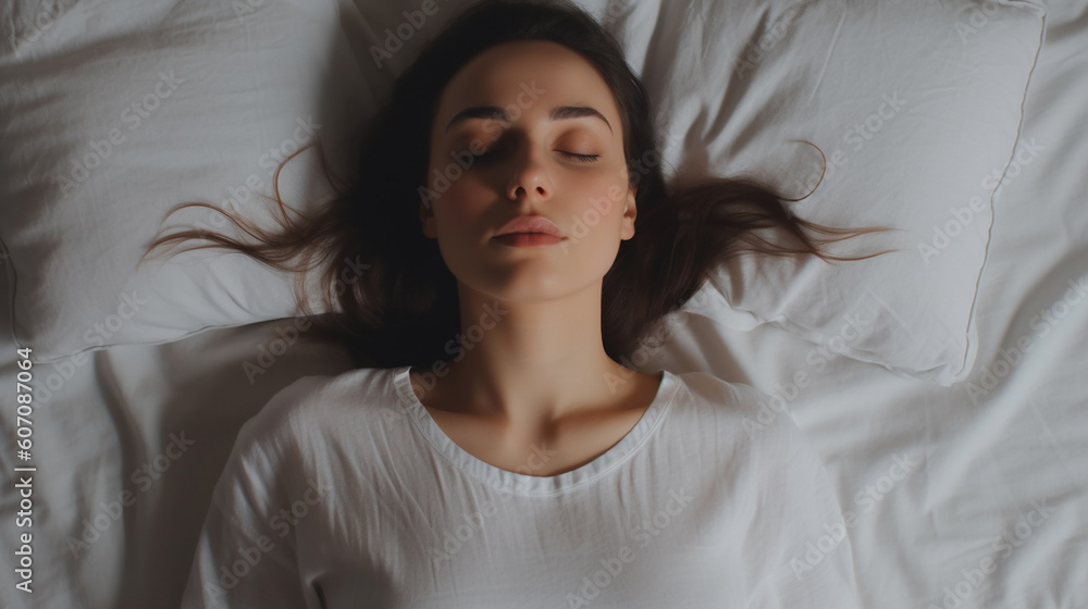young adult woman top view in bed, sleeping early morning in daylight young adult woman top view in bed, sleeping early morning in daylight