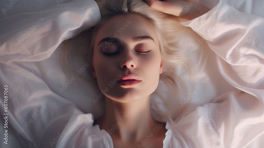 young adult woman top view in bed, sleeping early morning in daylight young adult woman top view in bed, sleeping early morning in daylight