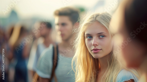 young adult blonde woman or teenager girl outdoor in the crowd at summer and sun