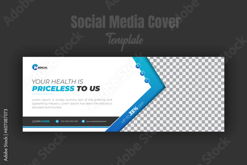 Medical healthcare timeline cover design template, banner template for web social media post with blue gradient color shape combination and attractive with white background