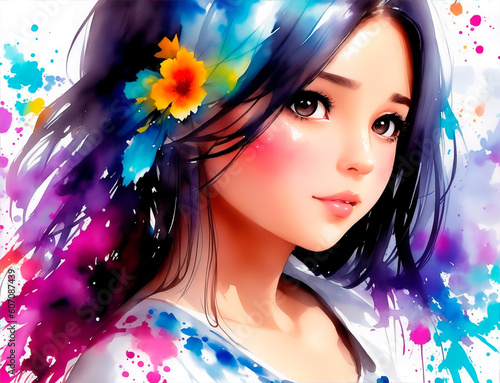 Beautiful young woman. Painting in watercolor style combinated with woman. Hispanic girl. Generative AI. photo