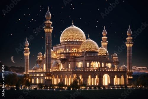 A large mosque with a lit up sky in the background Generative Ai