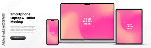 Modern laptop mockup front view and high quality smartphone and tablet mockup isolated on white background. Notebook mockup and phone device mockup for ui ux app and website presentation.Stock Vector.