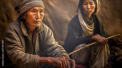 senior couple, local people in remote rural area, indigenous, american indian or untouched by civilization or simple living in nature, elderly man and woman,fictitious place