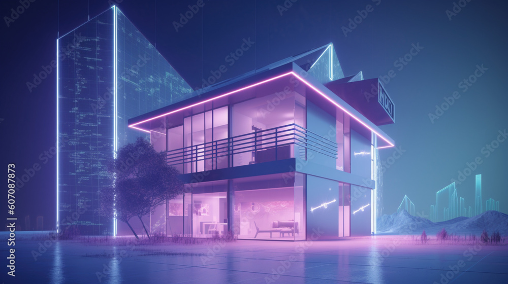 Smart home w futurystycznym oświetleniu - Smart home in futuristic lighting - AI Generated - obrazy, fototapety, plakaty 