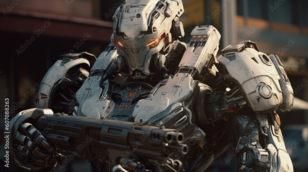 robot or cyborg, human in combat suit or combat machine, humanoid android with artificial intelligence and machine gun robot or cyborg, human in combat suit or combat machine, humanoid android with artificial intelligence and machine gun