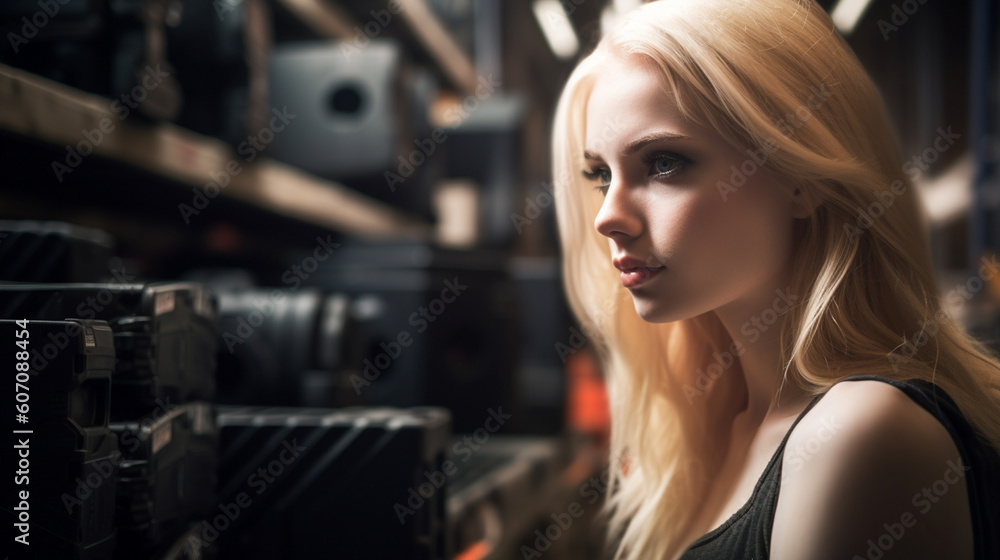 young adult woman or teenage girl works in a production hall or logistics center, training job or practical semester, working young adult woman or teenage girl works in a production hall or logistics center, training job or practical semester, working