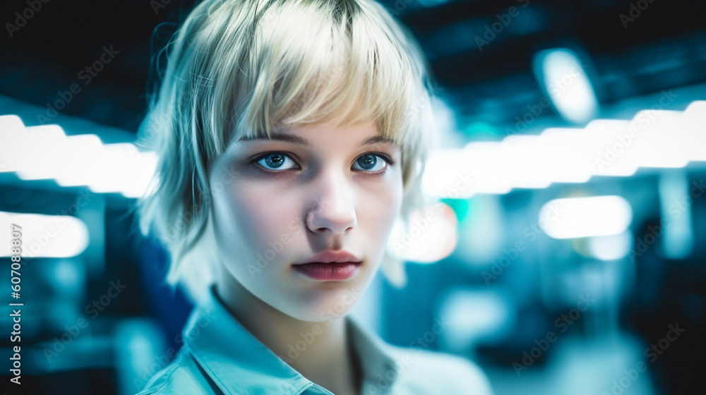 young adult woman ,front view portrait, dyed blonde hair, tired exhausted appearance, in a production hall or logistic center, industry or trade, fictional place, work and job, working woman young adult woman ,front view portrait, dyed blonde hair, tired exhausted appearance, in a production hall or logistic center, industry or trade, fictional place, work and job, working woman
