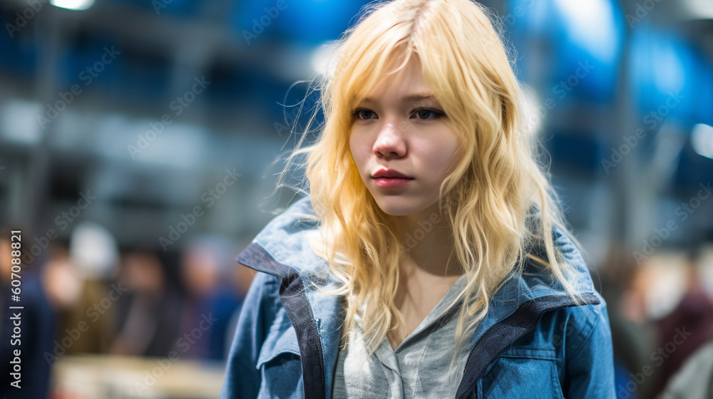 young adult woman with dyed blonde hair and blue rain jacket in a public place, hair messy and unkempt messy, satisfied and happy, public event young adult woman with dyed blonde hair and blue rain jacket in a public place, hair messy and unkempt messy, satisfied and happy, public event